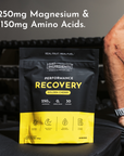 Just Ingredients Performance Recovery Golden Cherry powder in black and yellow pouch with nutritional information displayed.