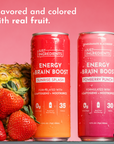 Two cans of energy drinks, "Sunrise Splash" and "Pomberry Punch," with strawberries and pineapple in the background.