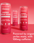 Three cans of Pomberry Punch Energy + Brain Boost on a pink background, featuring product labels with nutritional information