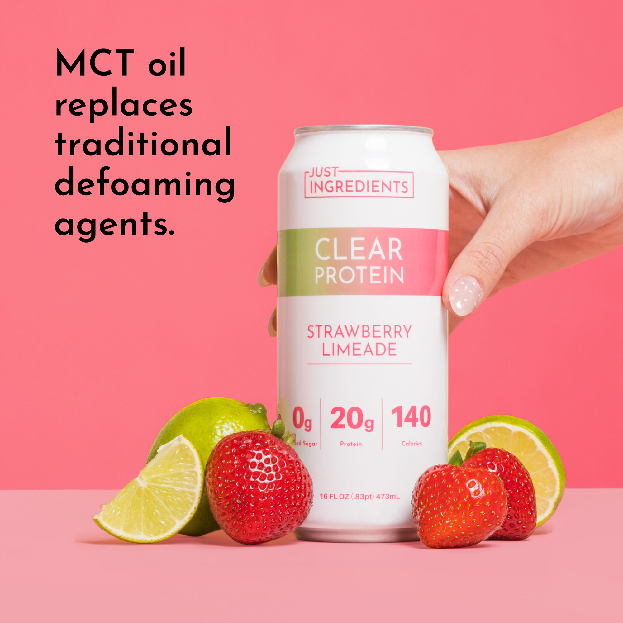 Can of clear protein drink labeled "Strawberry Limeade" with strawberries and limes on a pink background.