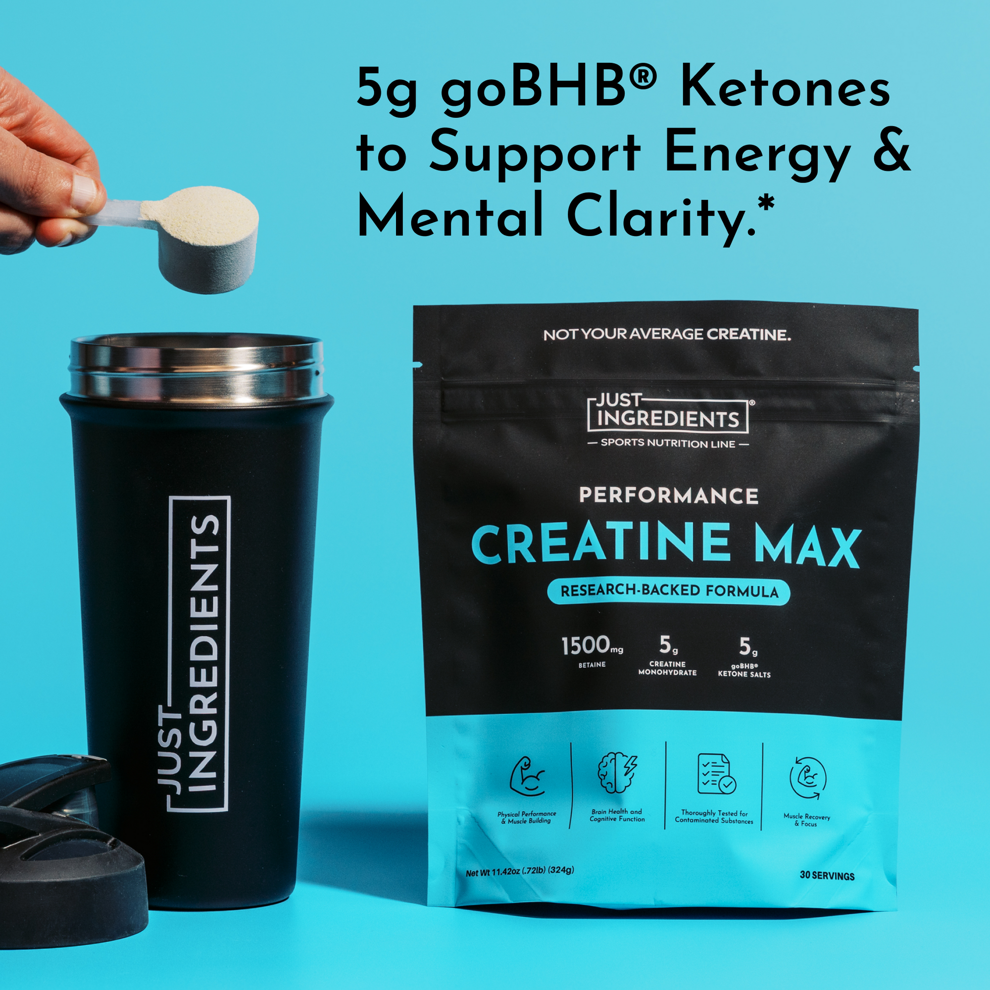Black Creatine Max powder pouch and matching shaker bottle with scoop on turquoise background.