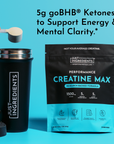 Black Creatine Max powder pouch and matching shaker bottle with scoop on turquoise background.