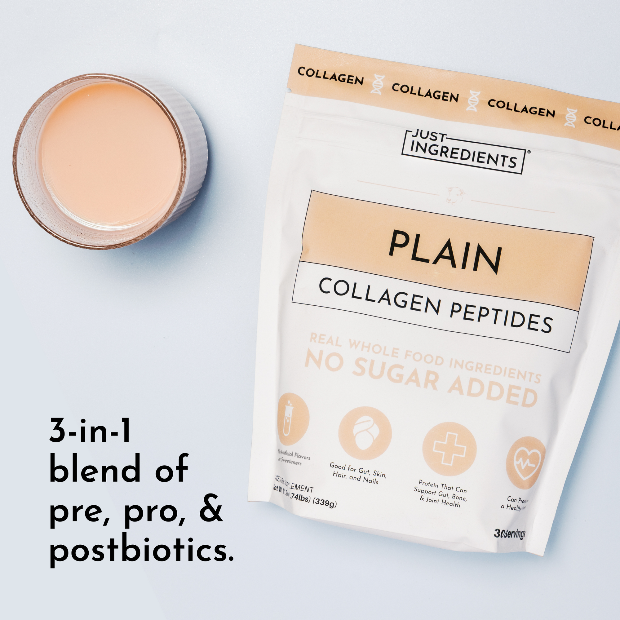 White pouch of plain collagen peptides powder with beige label next to bowl of mixed powder.