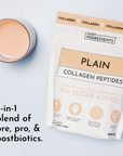 White pouch of plain collagen peptides powder with beige label next to bowl of mixed powder.