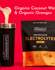 Powder being poured from a spoon into a black tumbler next to a black pouch of orange electrolyte powder on red background.