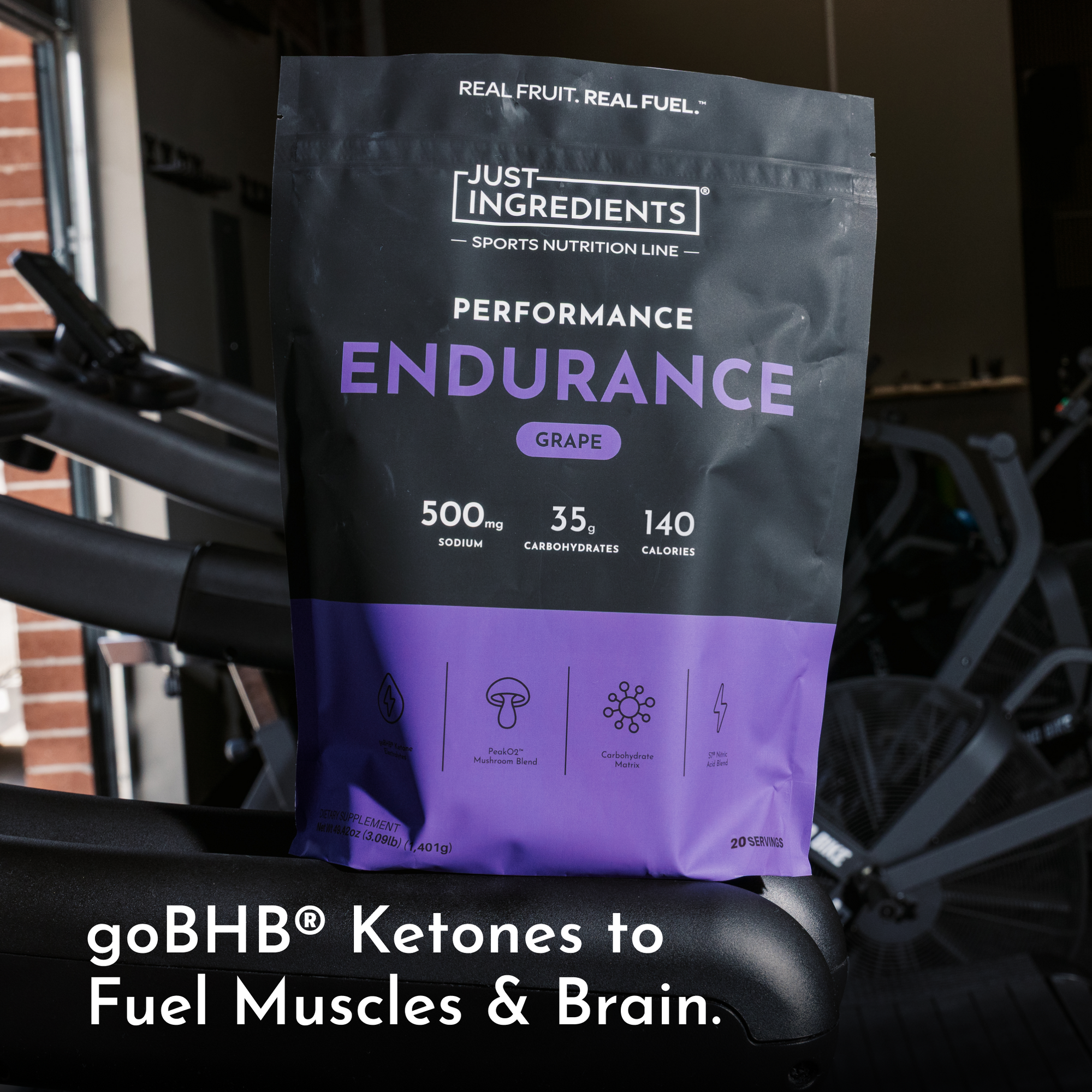 Black and purple pouch of grape-flavored endurance drink powder with nutrition information and ingredient details displayed o