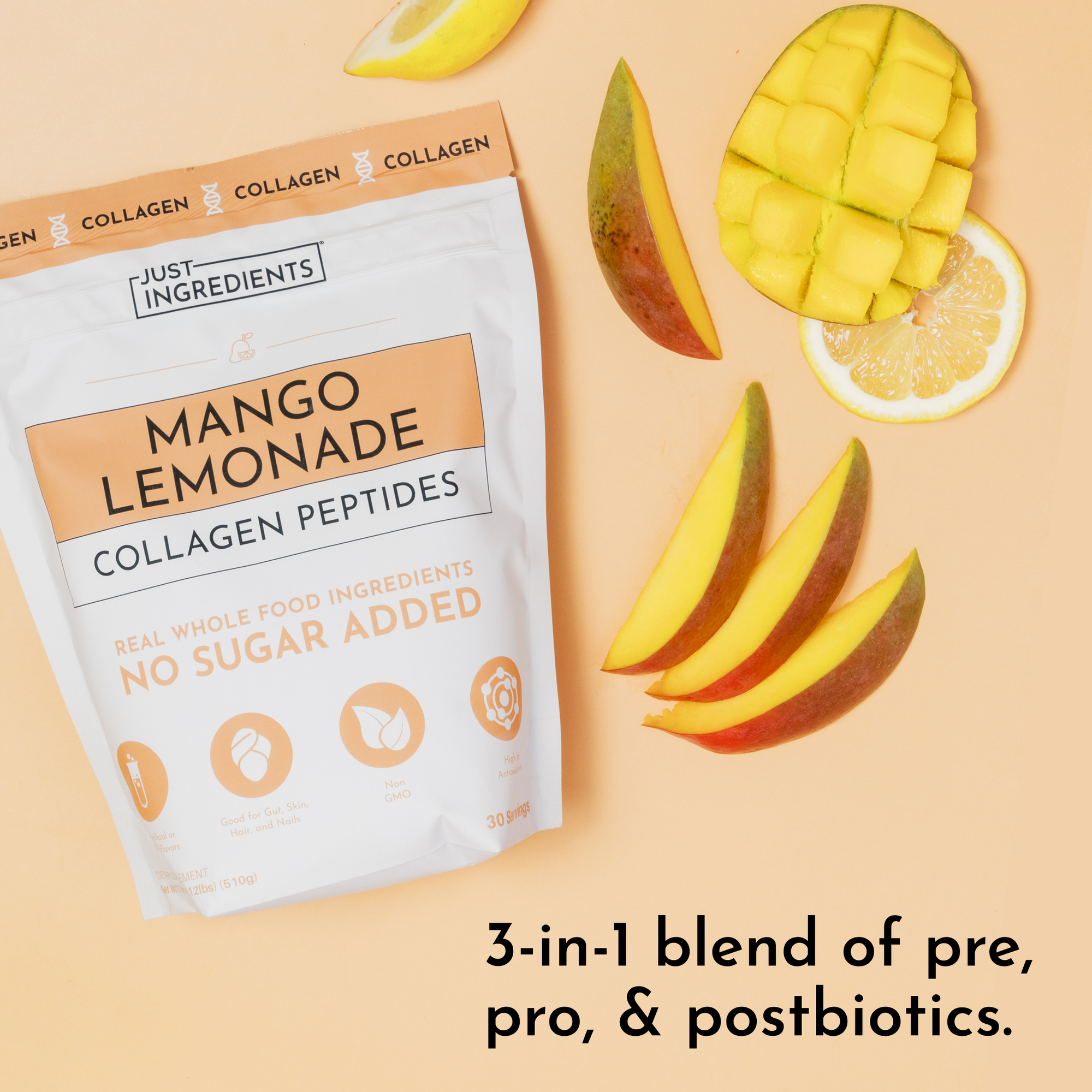 White pouch of Mango Lemonade Collagen Peptides surrounded by sliced mango, lemon wedge, and mango slices on beige background