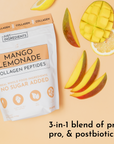 White pouch of Mango Lemonade Collagen Peptides surrounded by sliced mango, lemon wedge, and mango slices on beige background