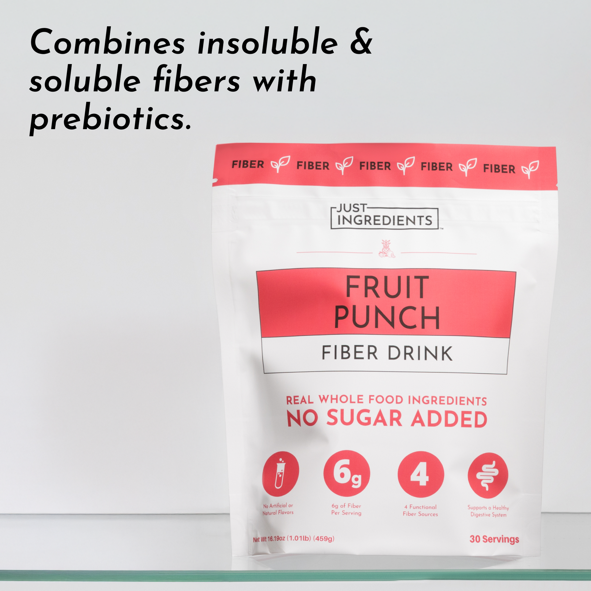 White pouch of Fruit Punch Fiber Drink with red accents, detailing fiber content and serving information.