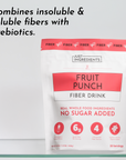 White pouch of Fruit Punch Fiber Drink with red accents, detailing fiber content and serving information.