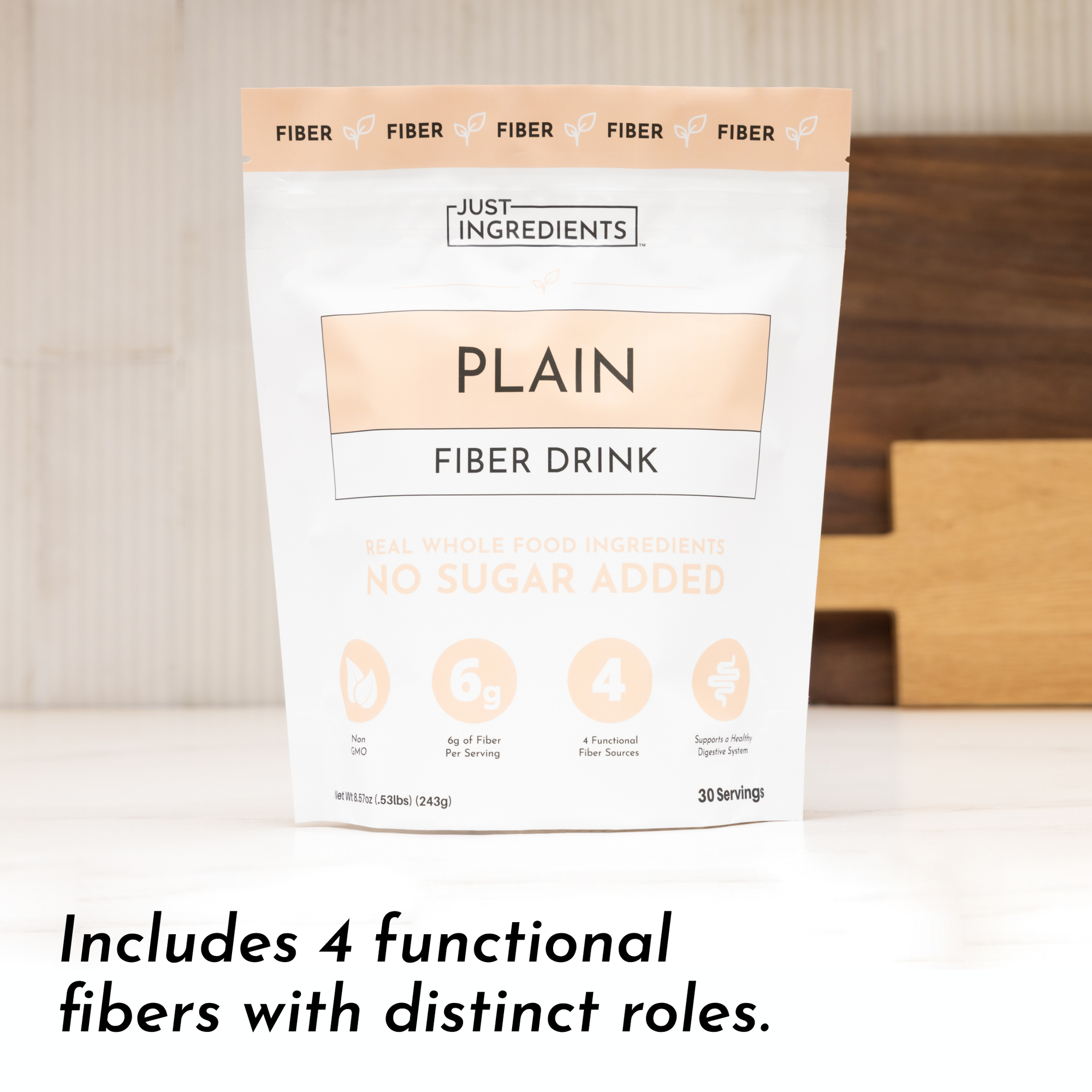 Resealable pouch of Plain Fiber Drink featuring nutritional information and claims about fiber content.
