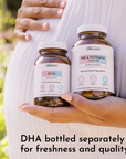 Two amber glass supplement bottles with white caps labeled DHA and Pre & Postnatal + Choline held in hands.