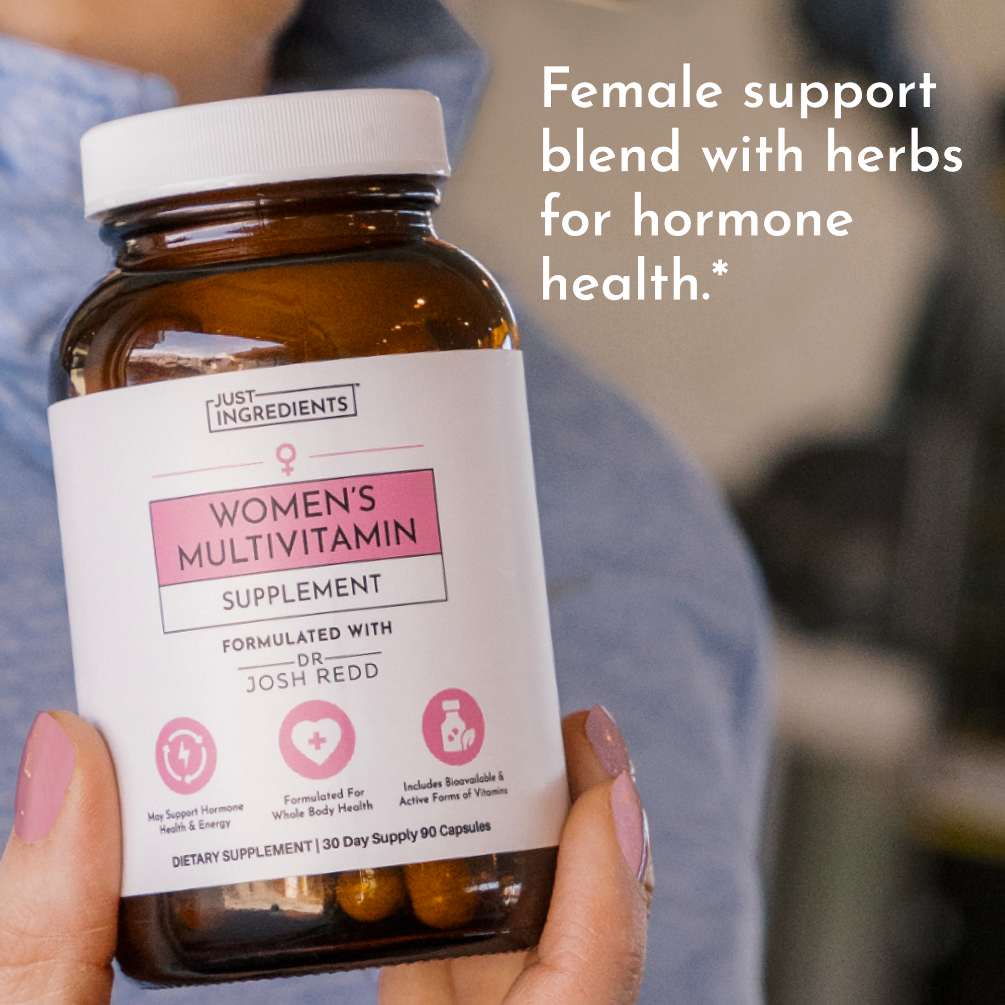 Brown bottle of women's multivitamin supplement with a label detailing its benefits and ingredients.