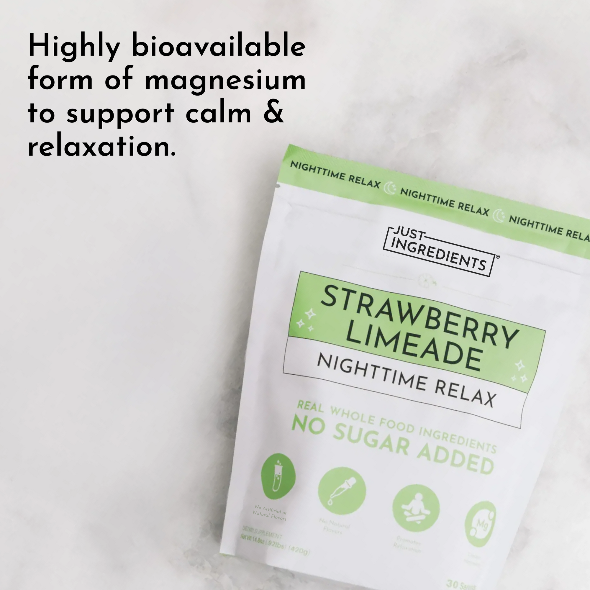 White and green packet of Strawberry Limeade Nighttime Relax magnesium supplement with product information and ingredient ico