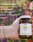 Hand holding a brown bottle labeled "Zinc Complex Supplement" with a white cap and surrounded by colorful flowers.