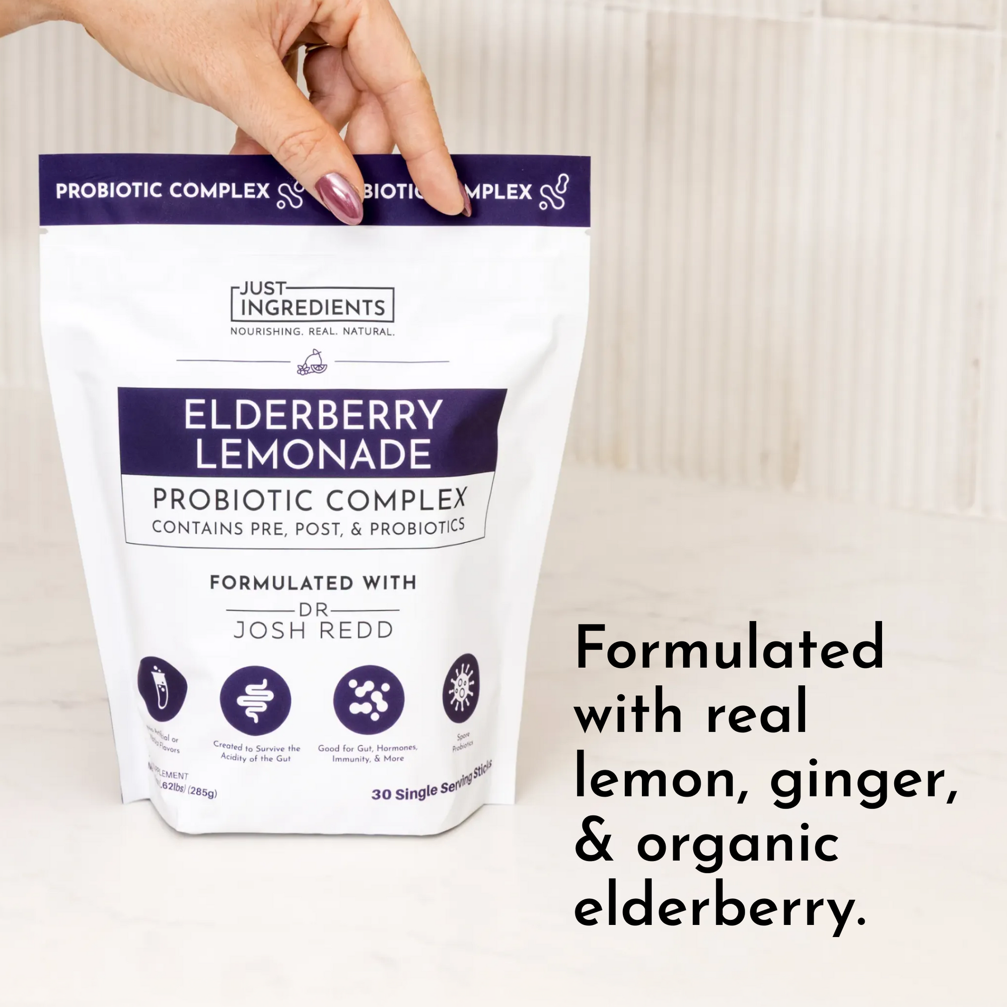Pouch of Elderberry Lemonade Probiotic Complex with a hand holding it, featuring details about ingredients and servings.