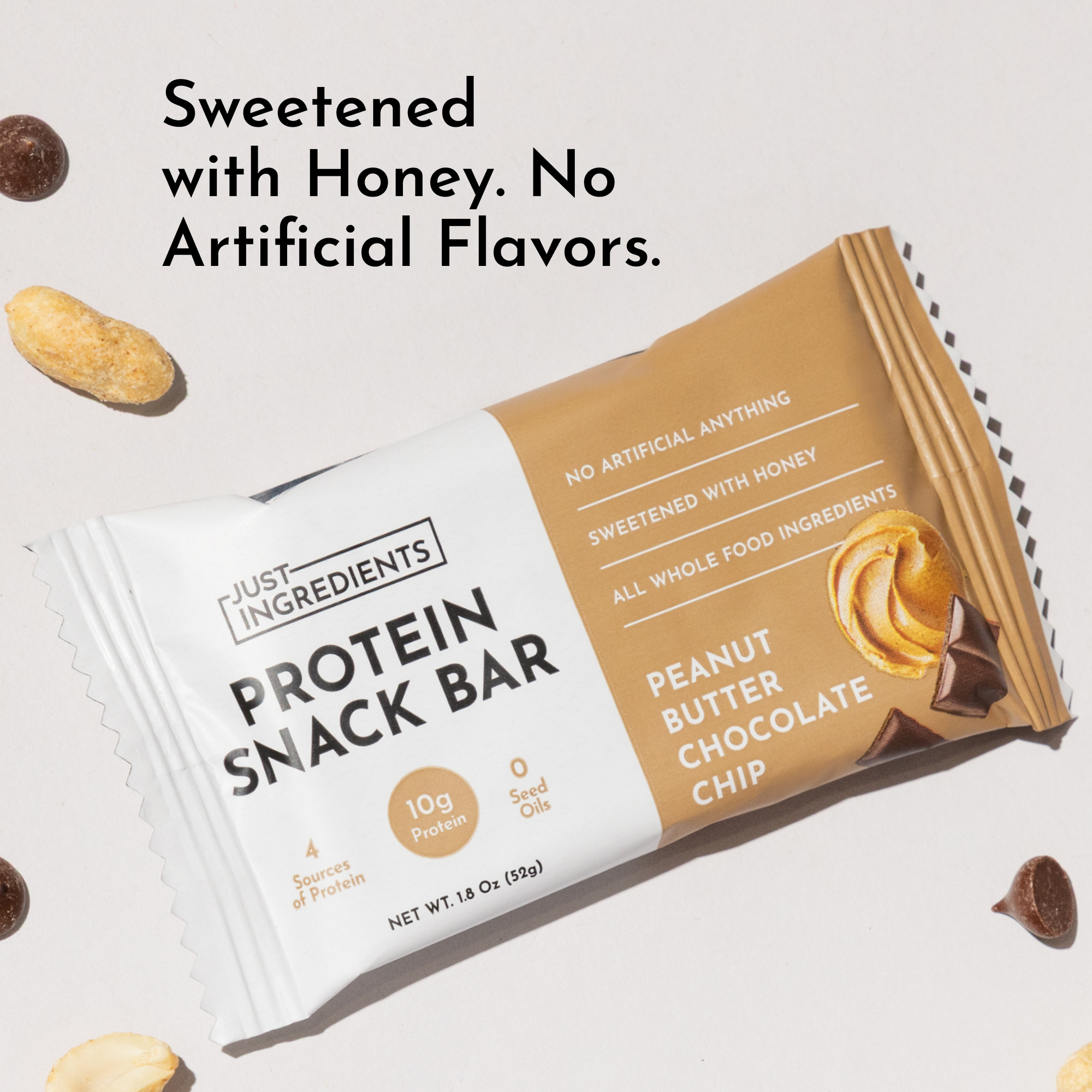 Protein snack bar packaging featuring peanut butter chocolate chip flavor, with nutritional information and ingredients liste