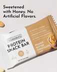 Protein snack bar packaging featuring peanut butter chocolate chip flavor, with nutritional information and ingredients liste