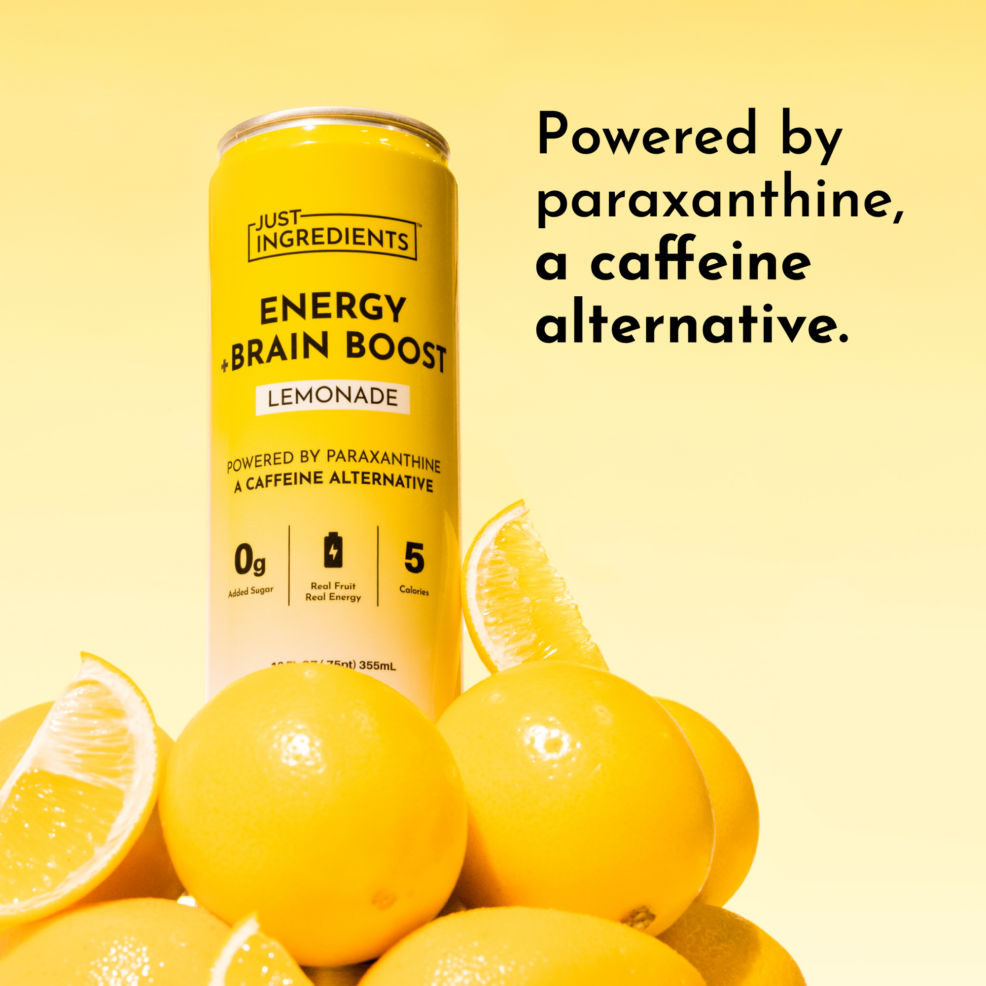 Yellow can of Energy + Brain Boost Lemonade surrounded by fresh lemon halves and whole lemons.