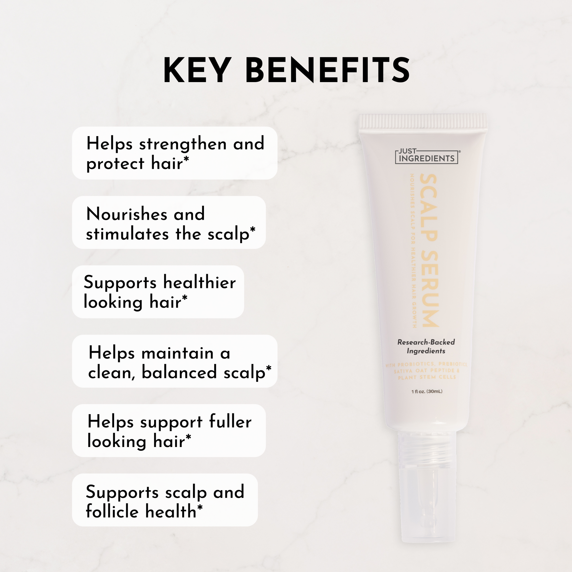 Scalp serum tube with a list of key benefits shown beside it on a marble surface.