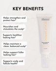 Scalp serum tube with a list of key benefits shown beside it on a marble surface.