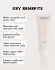 Scalp serum in a tube with key benefits listed beside it on a marble background.