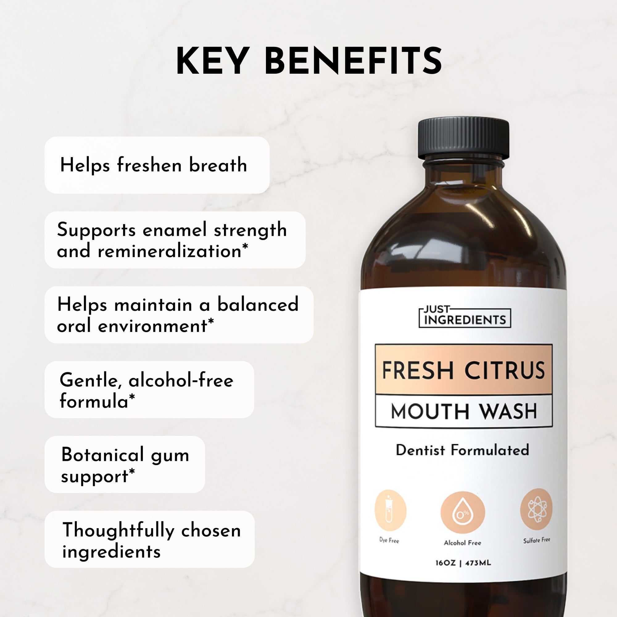 Bottle of Fresh Citrus mouth wash with key benefits listed, including enamel support and alcohol-free formula.