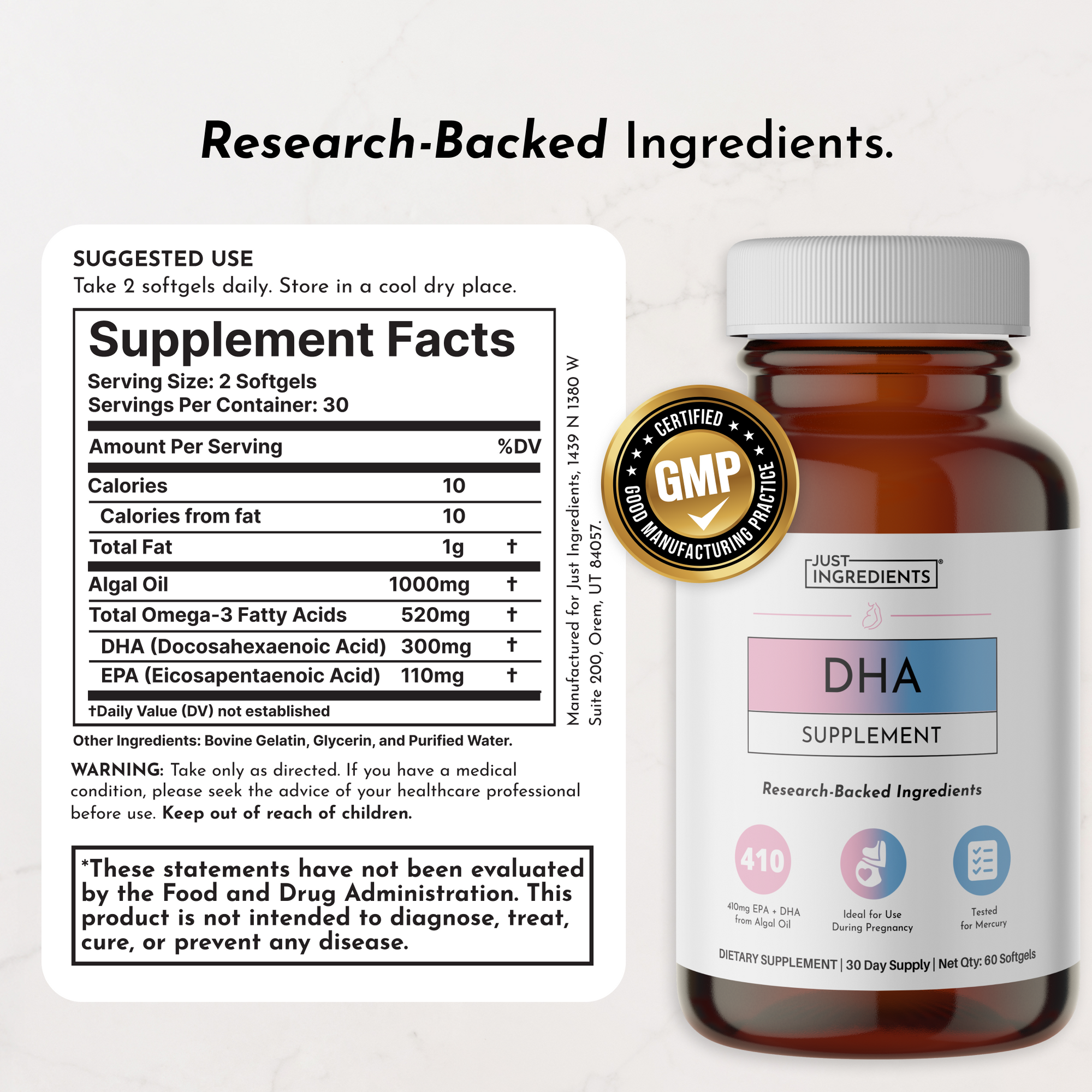 Brown glass bottle with white cap containing DHA supplement softgels, labeled with supplement facts and GMP certification sea