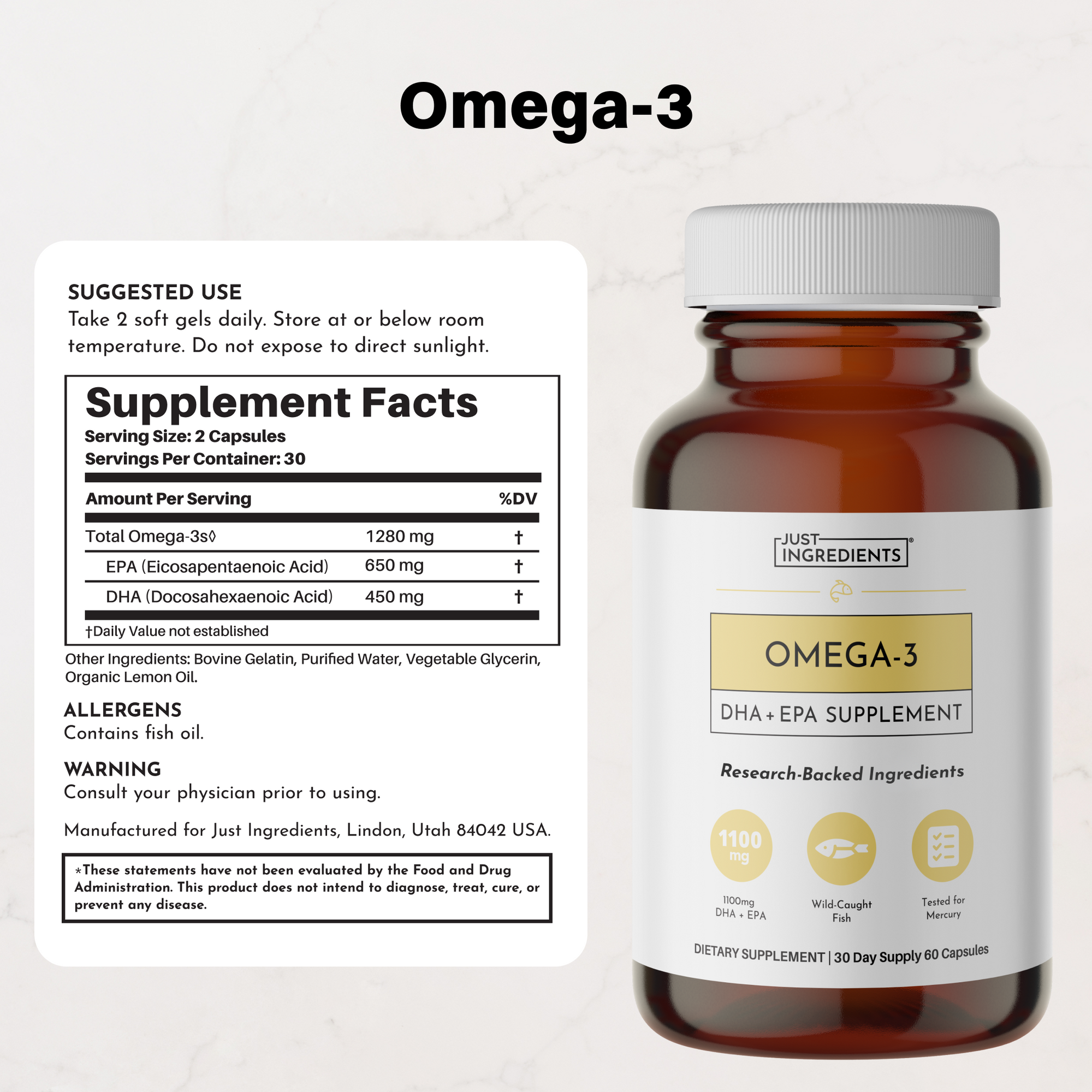 Amber glass bottle of Omega-3 DHA and EPA supplement with white cap and label showing supplement facts and ingredients.