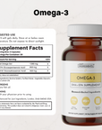 Amber glass bottle of Omega-3 DHA and EPA supplement with white cap and label showing supplement facts and ingredients.