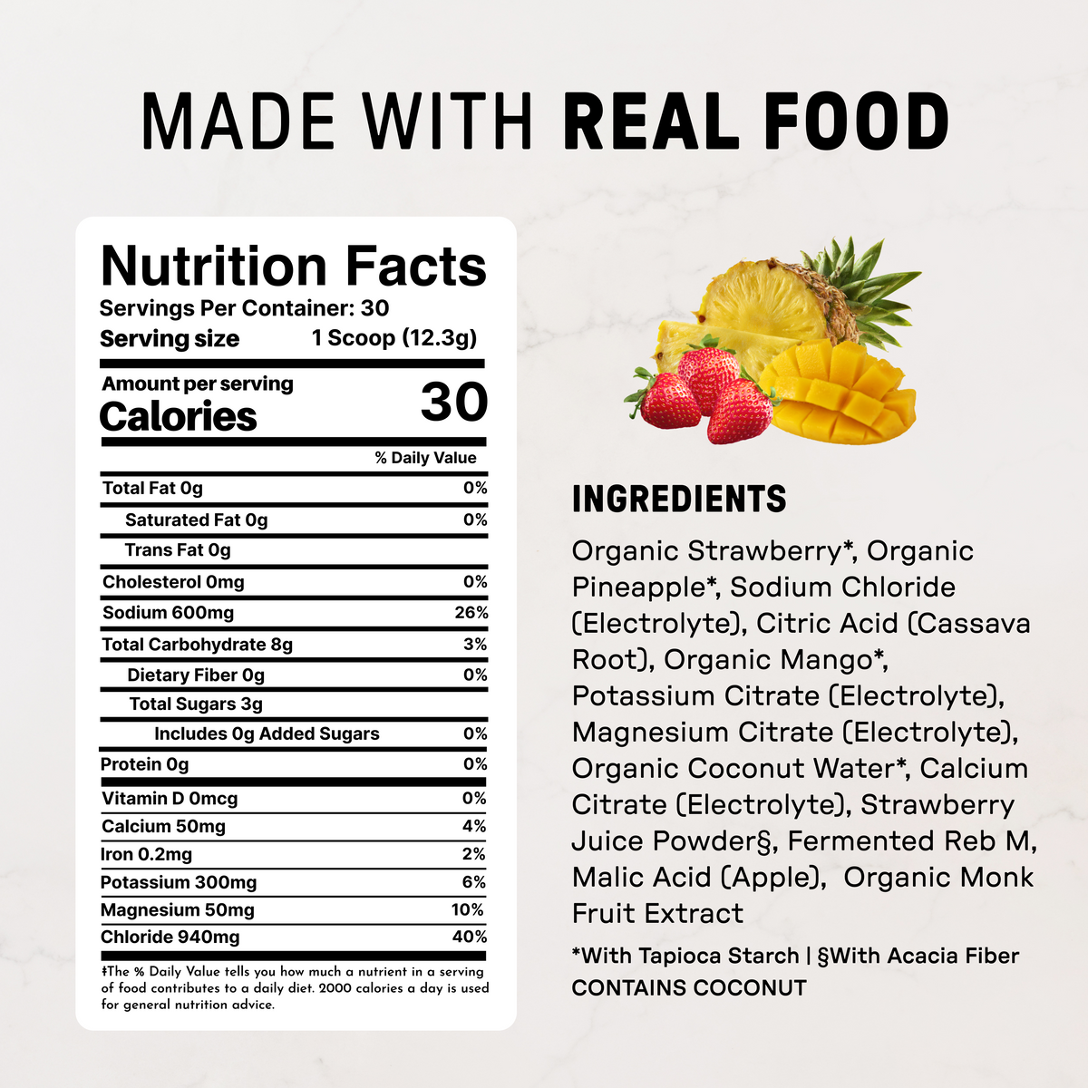 Nutrition facts label and ingredients list for strawberry tropic electrolyte powder with pineapple, mango, and strawberry fru