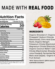 Nutrition facts label and ingredients list for strawberry tropic electrolyte powder with pineapple, mango, and strawberry fru