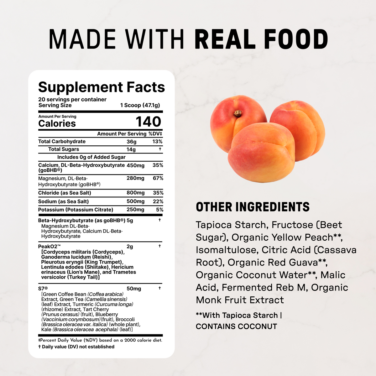 Three whole peaches next to supplement facts label for peach endurance drink with ingredients list.