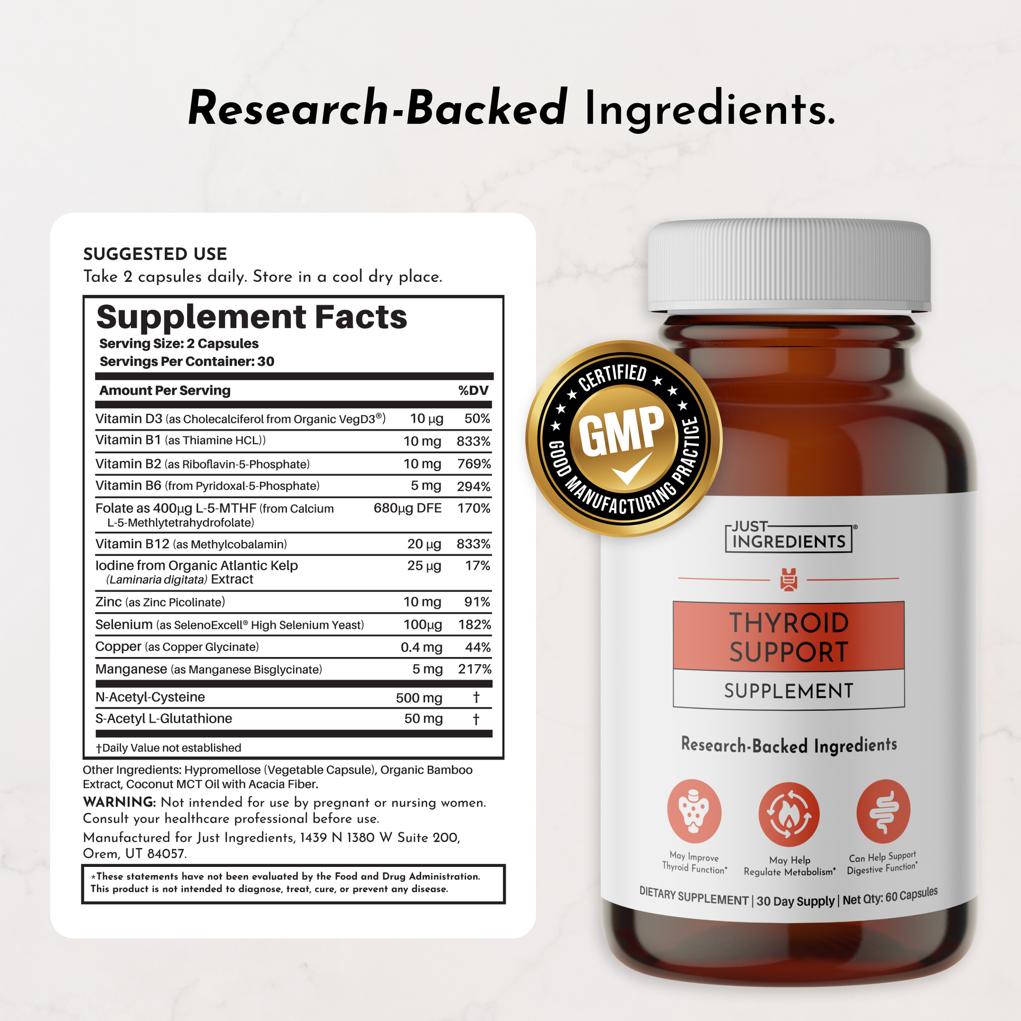Dark amber glass supplement bottle with white cap, white label reading "Thyroid Support Supplement," GMP certification seal, 