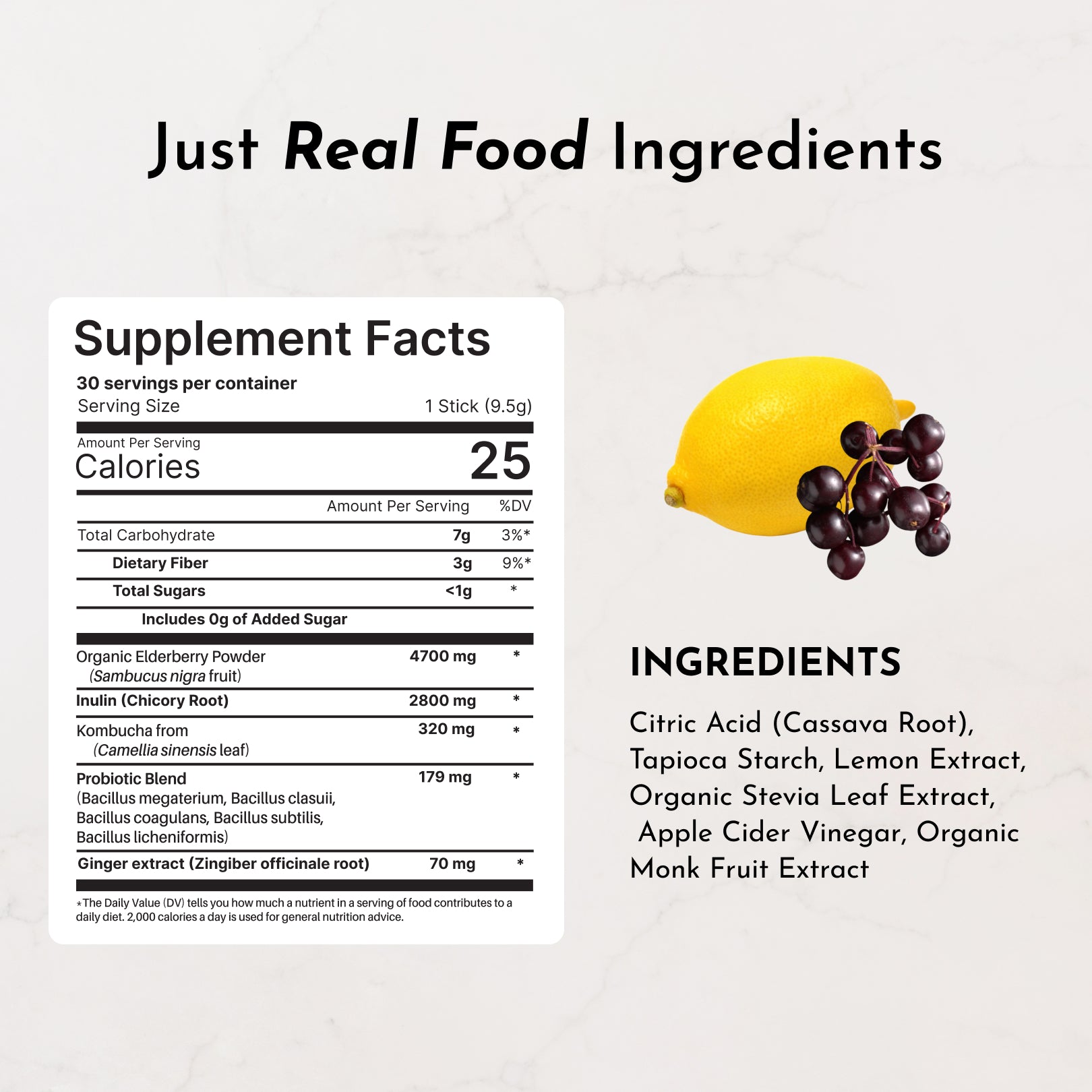 Yellow lemon and dark purple elderberries displayed next to supplement facts label and ingredient list on white background.