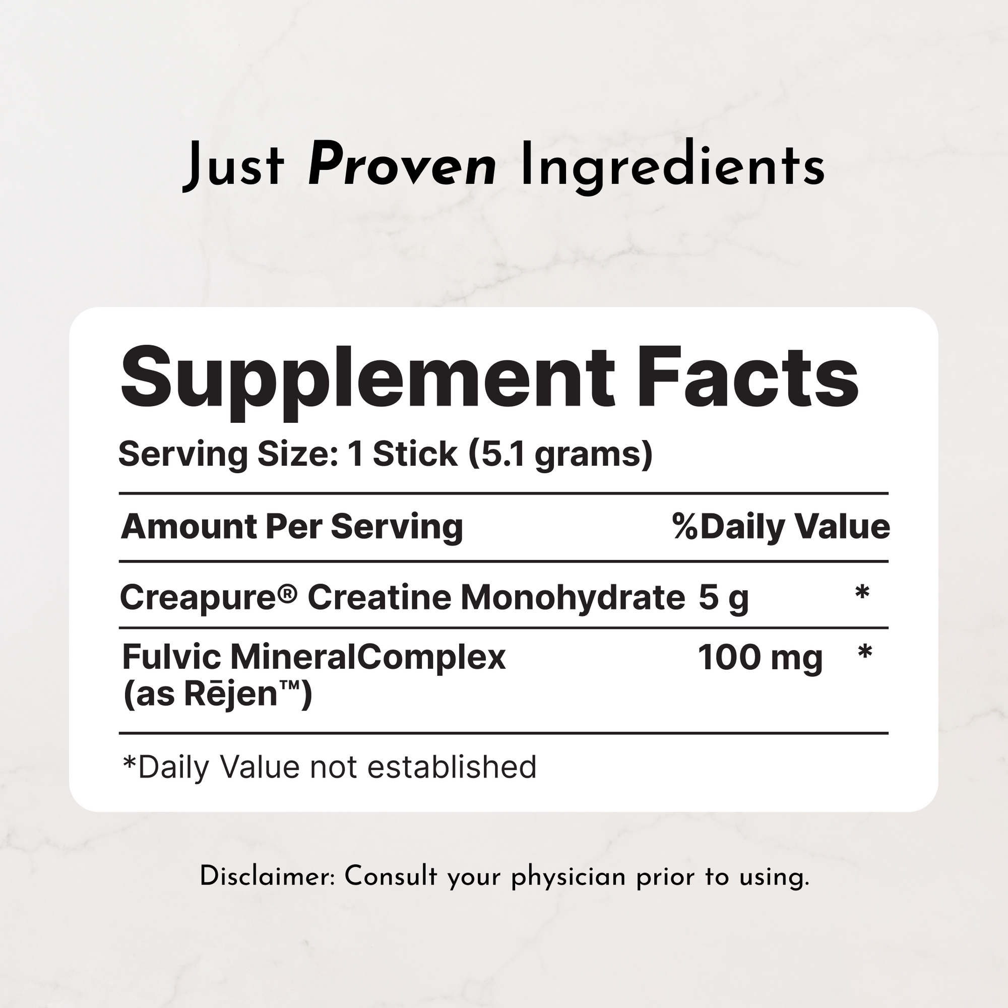 Supplement facts label for Creatine+ Stick showing ingredients including Creapure Creatine Monohydrate and Fulvic Mineral Com