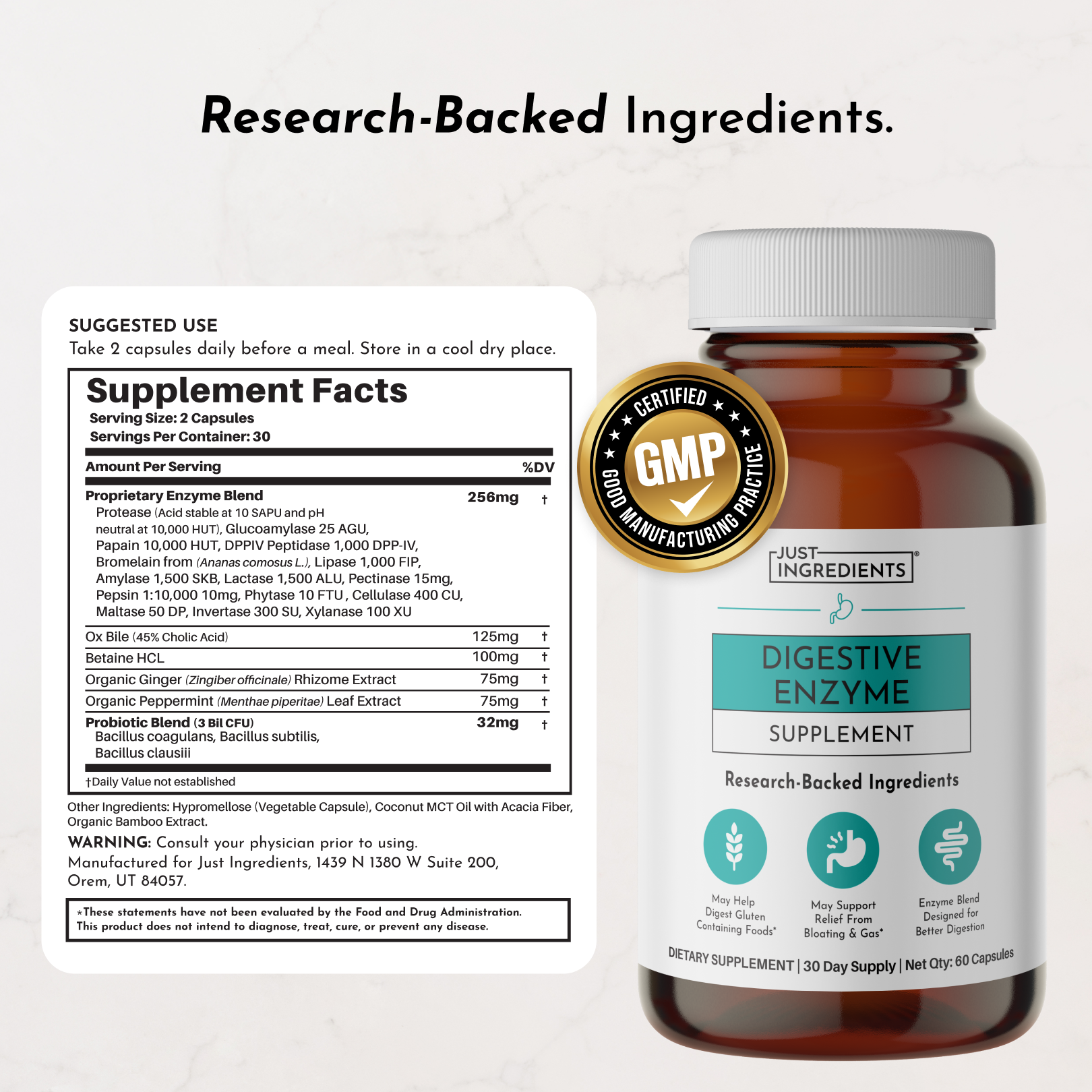 Brown glass bottle of digestive enzyme supplement capsules with white ribbed cap and teal label, alongside supplement facts p