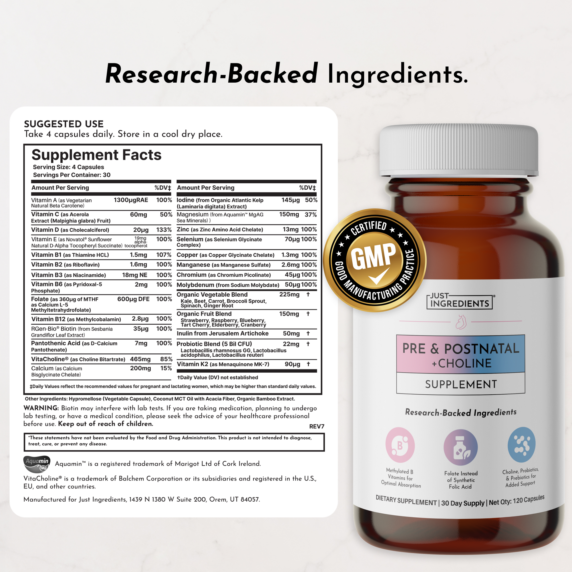 Amber glass bottle of prenatal and postnatal supplement capsules with supplement facts label and GMP certification seal displ