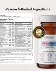 Amber glass bottle of prenatal and postnatal supplement capsules with supplement facts label and GMP certification seal displ