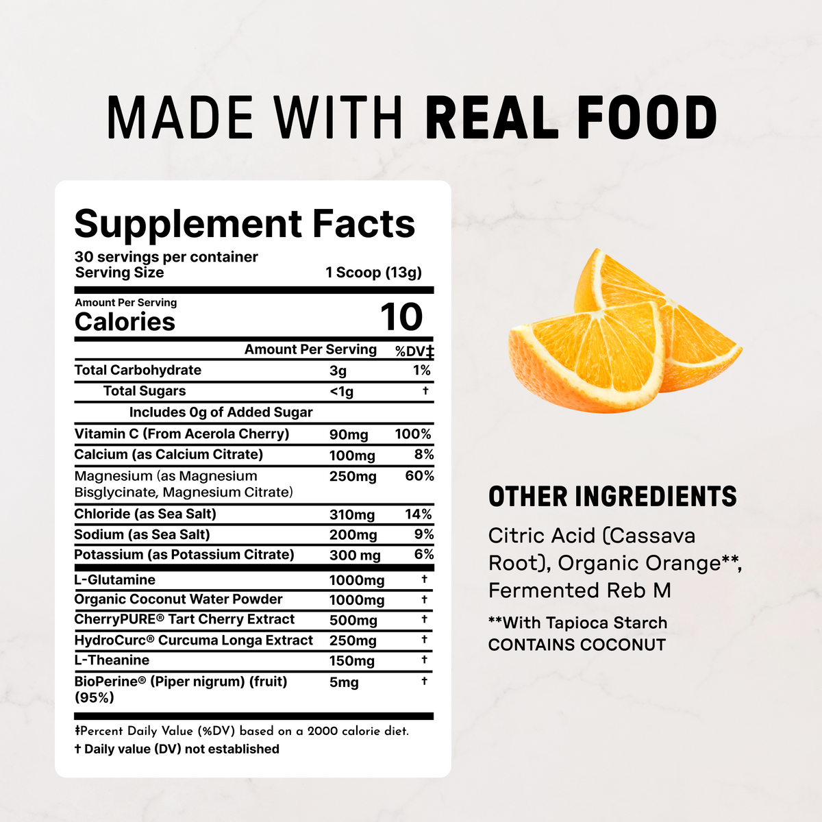 Orange slices next to a supplement facts label listing ingredients including vitamin C, magnesium, potassium, and organic ora