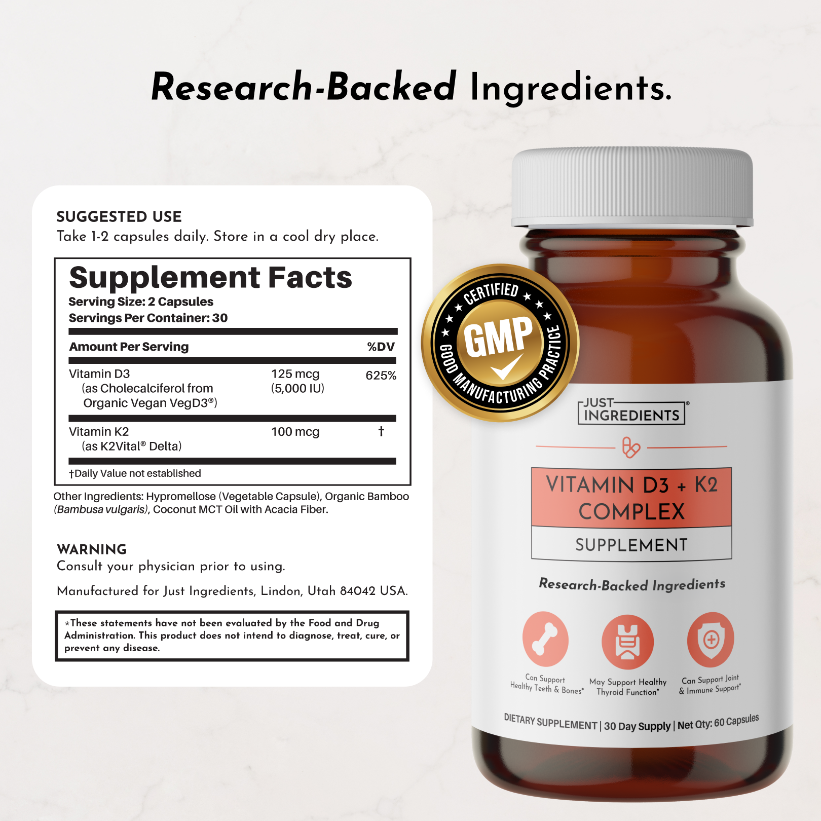 Brown glass bottle of Vitamin D3 + K2 supplement capsules with white cap and product label.
