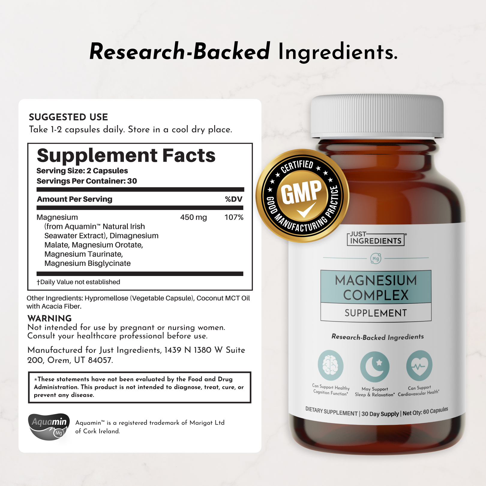 Amber glass supplement bottle with white cap containing Magnesium Complex capsules, alongside product information card detail