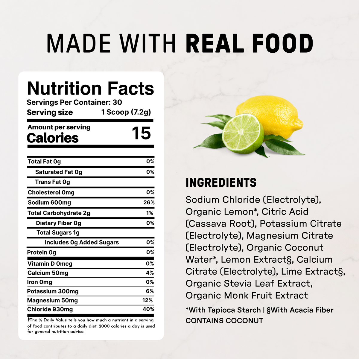 Lemon lime electrolyte powder with nutrition facts label and fresh lemon and lime halves with green leaves on right side.