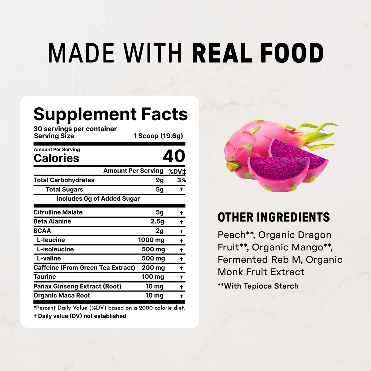 Supplement Facts label with pink dragon fruit halves and ingredient list including amino acids, caffeine, and botanical extra