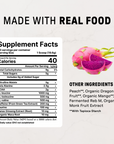 Supplement Facts label with pink dragon fruit halves and ingredient list including amino acids, caffeine, and botanical extra
