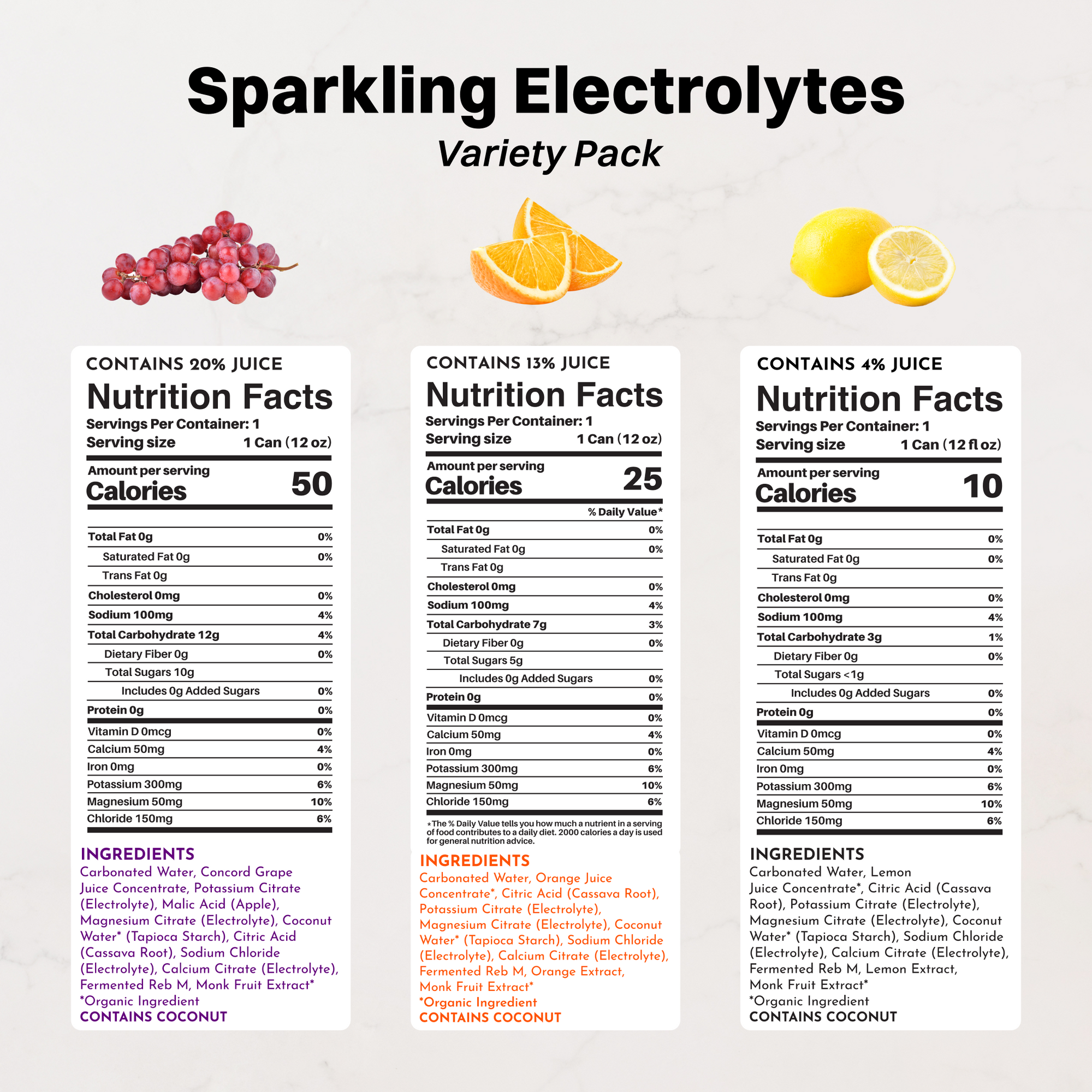 Three electrolyte beverages with grape, orange, and lemon flavors showing nutrition facts and ingredients.