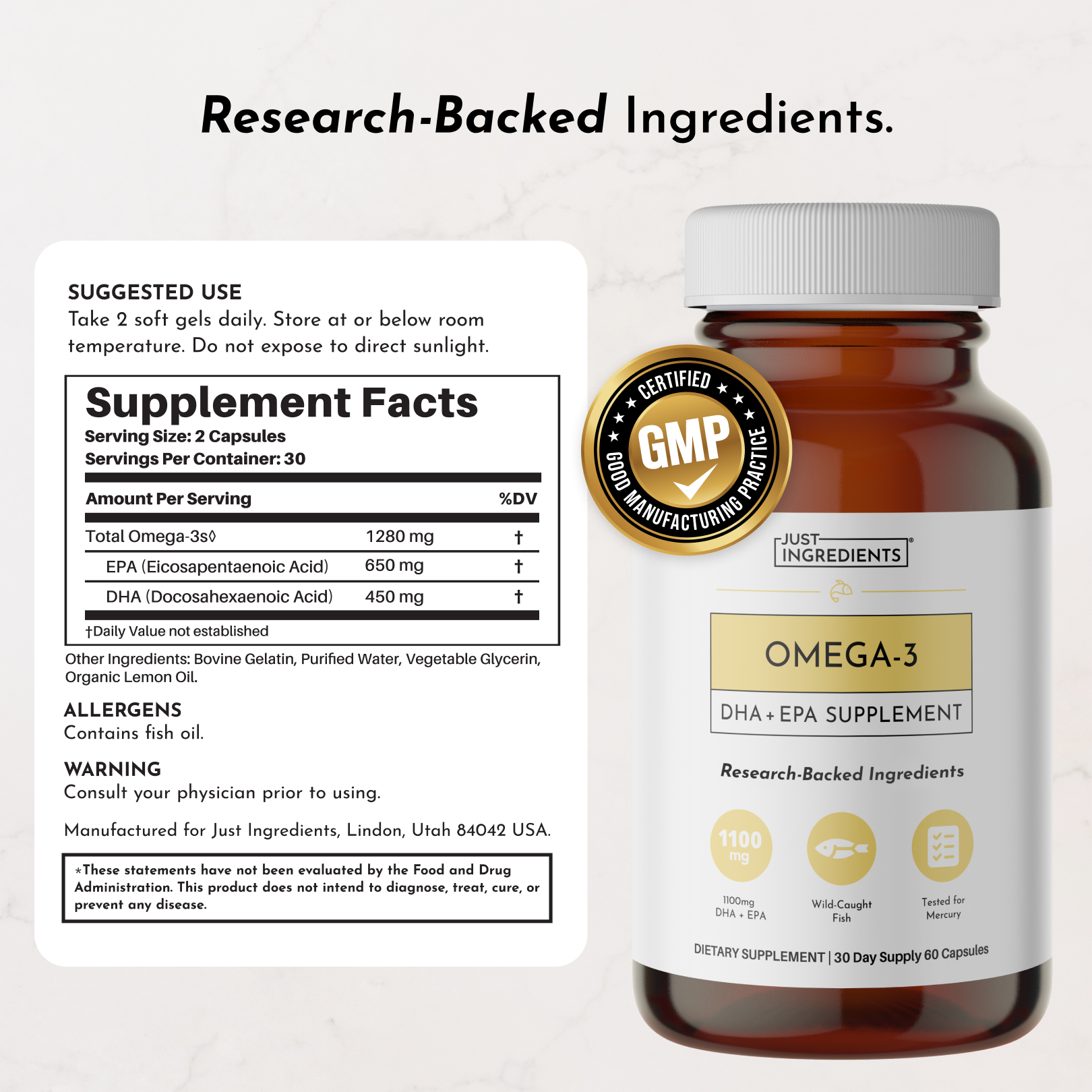 Dark amber glass bottle of omega-3 fish oil supplement with white cap and product label showing GMP certification and ingredi