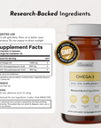 Dark amber glass bottle of omega-3 fish oil supplement with white cap and product label showing GMP certification and ingredi