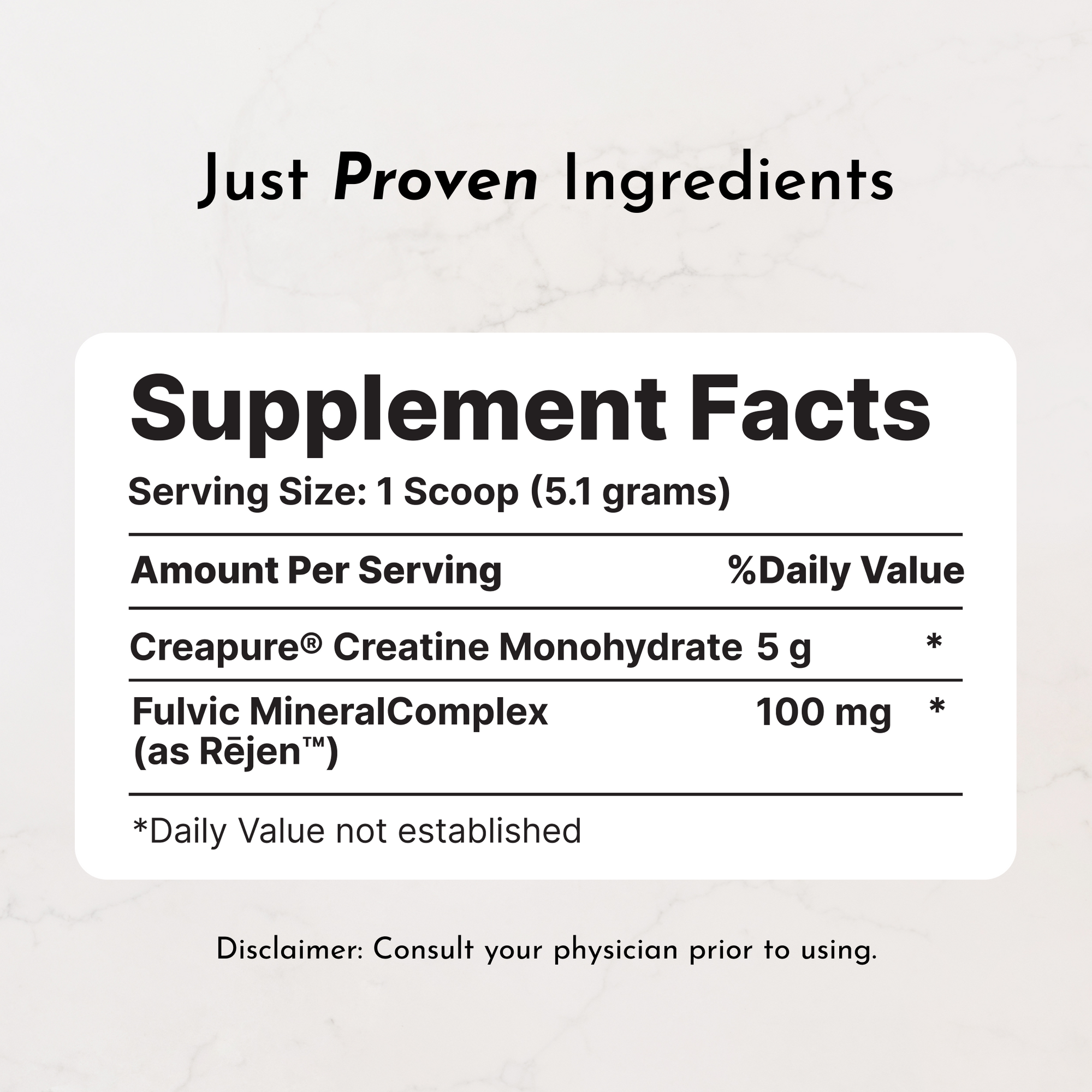 Supplement Facts label showing Creapure Creatine Monohydrate 5g and Fulvic Mineral Complex 100mg per serving.
