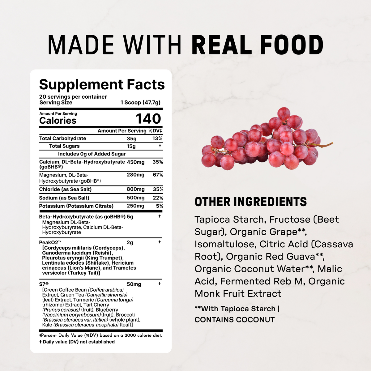 Red grapes next to supplement facts label listing nutrition information and other ingredients for endurance drink.